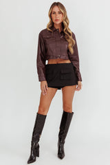 Navigator Snap Button Faux Leather Jacket Brown