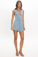 Chapelle V-Neck Button Romper Denim Blue