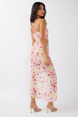Kindred Soul Ruched Mesh Midi Dress Floral Pink