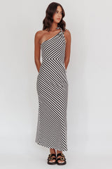 Ocean Road Tied One-Shoulder Maxi Dress Stripe Black