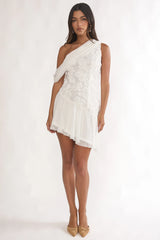 Anaisa One-Shoulder Draped Mini Dress Embellished Off White