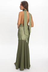 Italia Azure Halterneck Sheer Hem Maxi Dress Olive