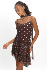 Anaisa Asymmetric Hem Mini Dress Polka Dot Chocolate