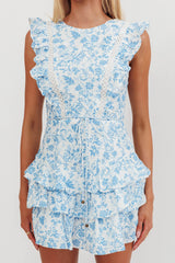 Weekend Muse Sleeveless Layered Frill Romper Floral Blue