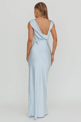 Jinora Cowl Neck Leg Slit Satin Maxi Dress Blue