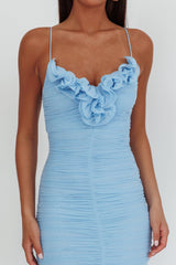 Nadia Ruffle Neckline Ruched Midi Dress Blue