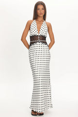 Tarly Lace Waist Halter Maxi Dress Polka Dot White