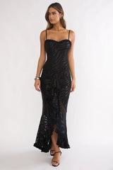Everine Ruched Frill Trim Maxi Dress Black