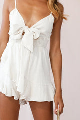 You Got It Tie-Knot Bust Ruffle Romper Natural