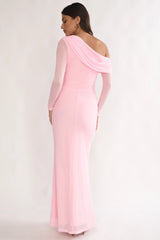 Milos Asymmetric Neckline Long Sleeve Maxi Dress Pink