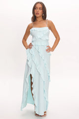 Arrabel Ruffle Split Maxi Dress Blue