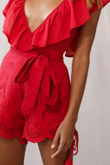 Kipper V-Neck Scalloped Romper Red