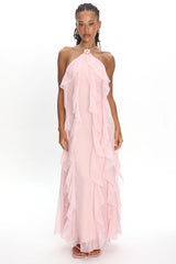 Cici Halterneck Ruffle Maxi Dress Pink