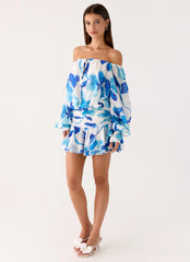 Eira Balloon Sleeve Mini Dress - Cerulean Bloom