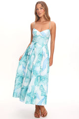 Get My Attention Pleat Waist Maxi Dress Watercolor Green