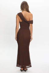 Milos Asymmetric Neckline Maxi Dress Chocolate