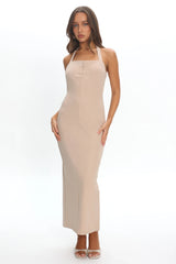 Goldfoil Halter Neck Maxi Dress Ecru