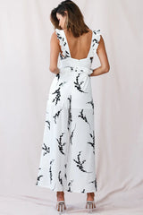 Azure Frill Strap Wide Leg Jumpsuit Floral Print White