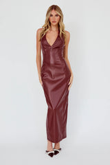 Marella Halterneck Faux Leather Maxi Dress Wine