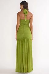 Galinda Ruched Bodice Halterneck Maxi Dress Olive