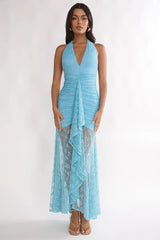 Kamilah Ruched Ruffle Maxi Dress Lace Teal