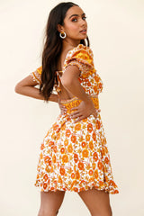 Summer In Paris Puff Sleeve Open Back Dress Floral Print Mustard Multi
