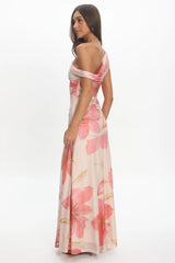 Lylah Asymmetric Neckline Mesh Maxi Dress Floral