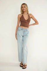 Zima Gold Accent Surplice Neckline Halter Top Chocolate