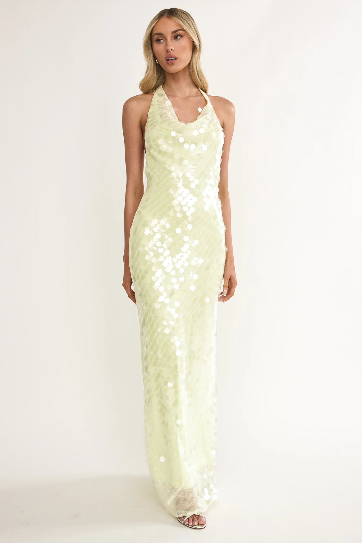 Kirralee Asymmetric Halterneck Sequin Maxi Dress Butter