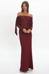 Marlowe Off-Shoulder Sheer Waist Maxi Dress Wine