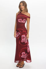 Gala Asymmetric Neckline Maxi Dress Floral Wine