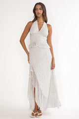 Caliah Ruffle Split Maxi Skirt Polka Dot Ivory