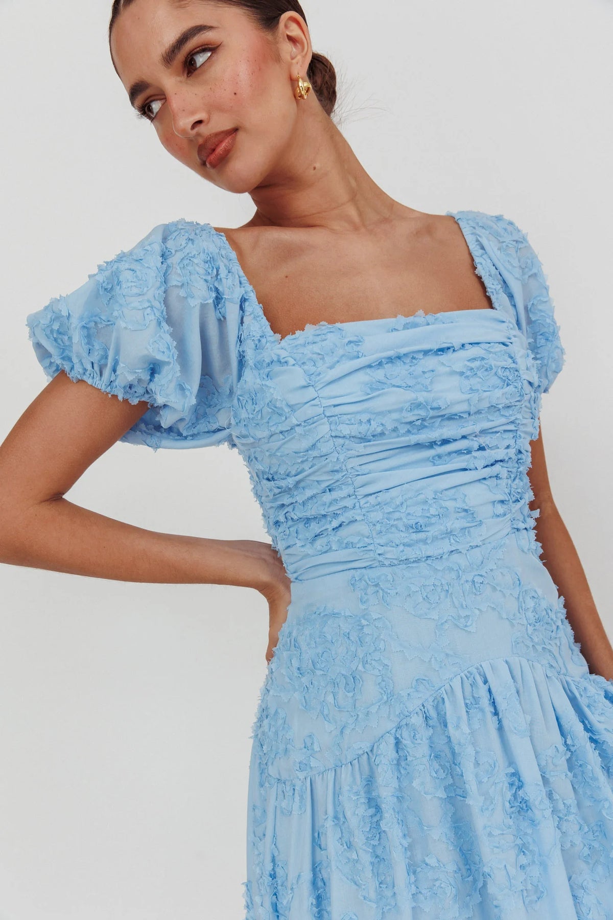 Telma Puff Sleeves Midi Dress Blue
