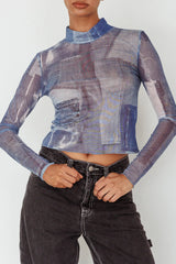 Giza Long Sleeve Mock Neck Top Print Denim Multi