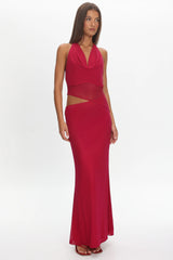 Playing Games Cut-Out Cowl Halter Dress Berry
