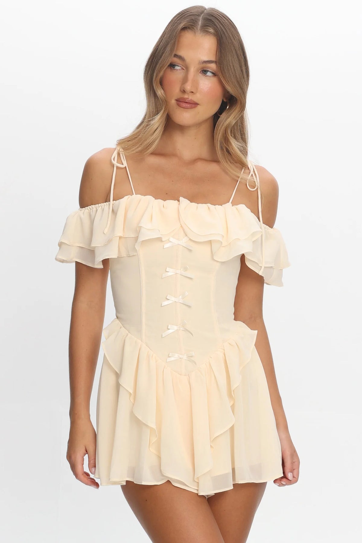 Scarlet Off-Shoulder Ruffle Romper Dress Butter