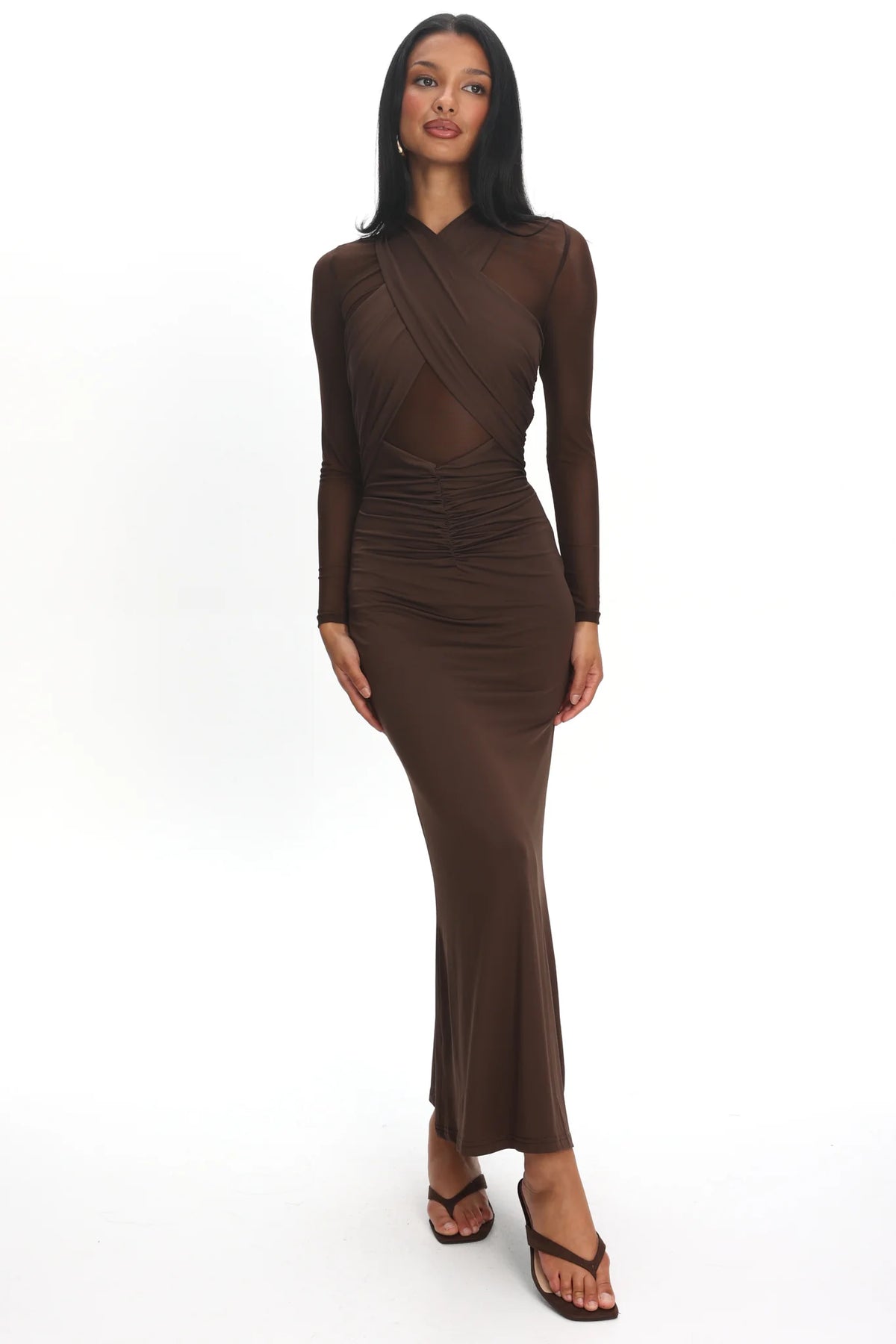 Esther Sheer Waist Maxi Dress Chocolate
