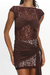 Baie Hip Sash Lace Overlay Mini Dress Chocolate