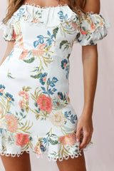 Bobby Bardot Neckline Puff Sleeve Dress Floral Print White