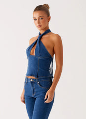 Saylor Halter Denim Top - Indigo