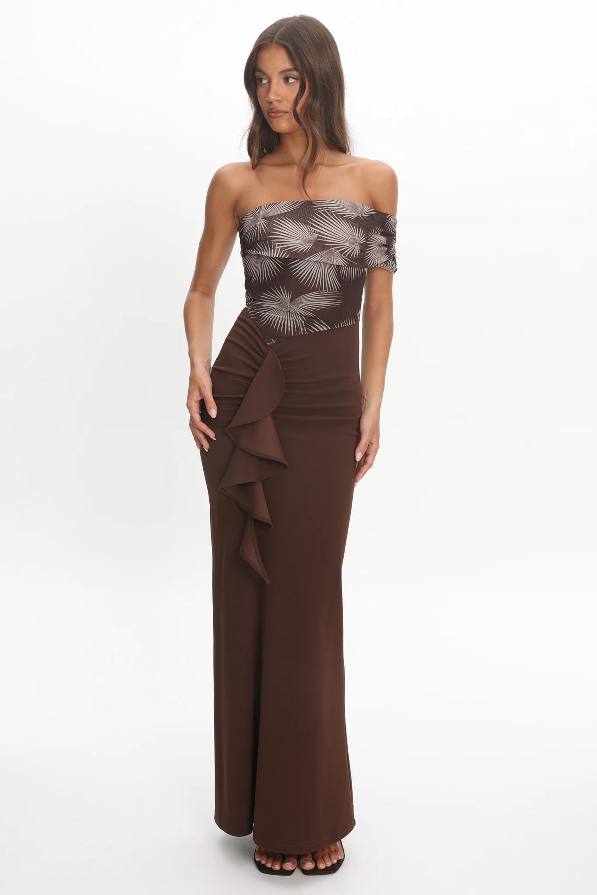 Gala One-Shoulder Ruffle Maxi Dress Brown