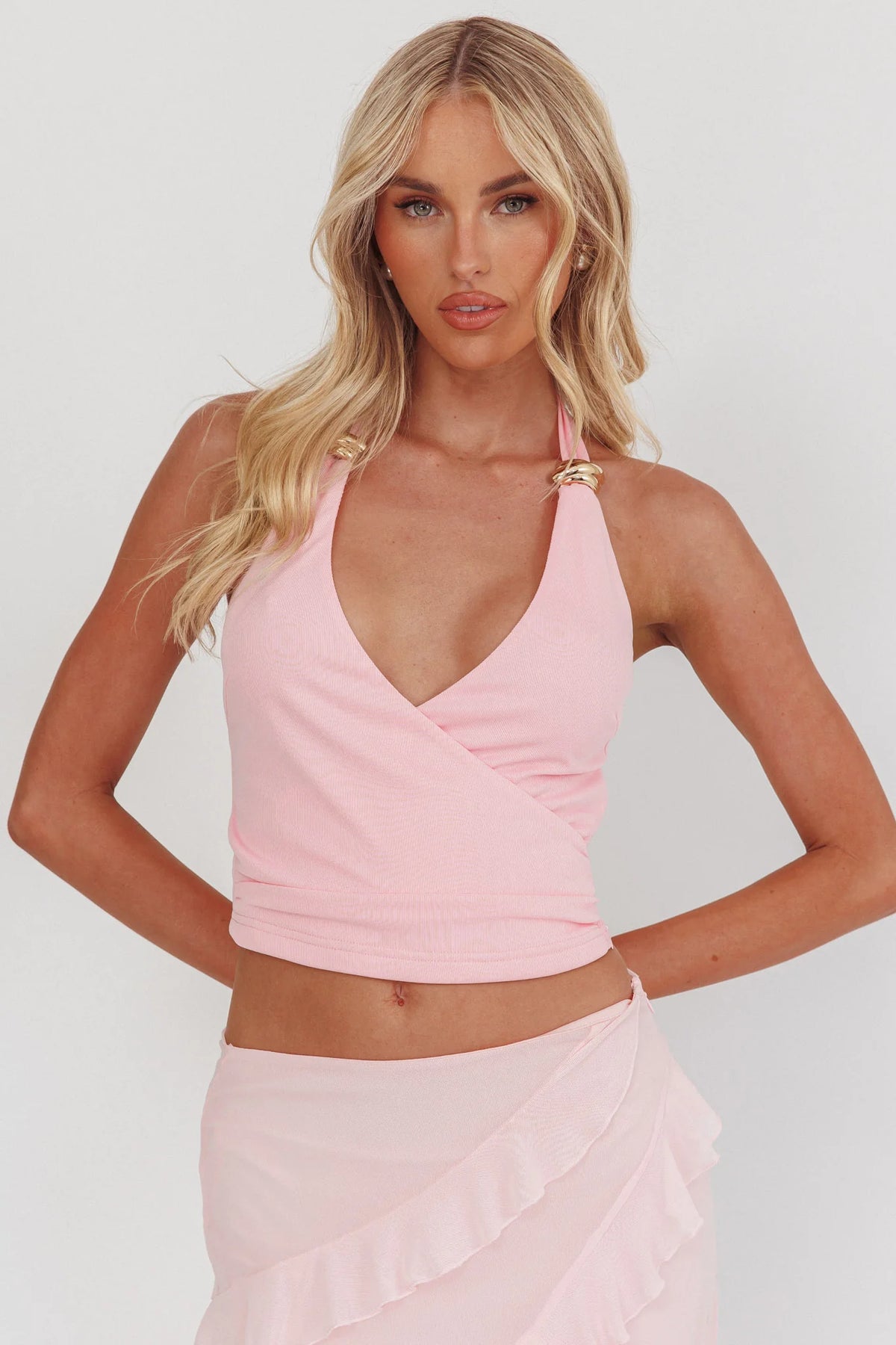 Zima Gold Accent Surplice Neckline Halter Top Pink