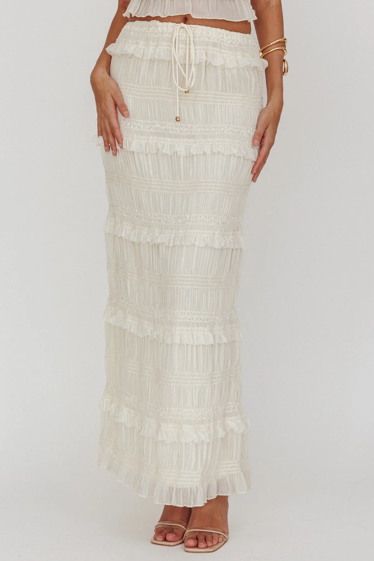 Helios Shirred Sequin Maxi Skirt Beige
