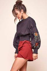 Halle Floral Puff Sleeved Cropped Top Black