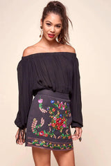 Nina San Lucas Floral Embroidered Mini Skirt Black