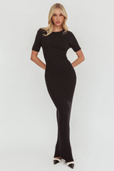 Faylen Waist Tie Ribbed Knit Maxi Dress Black