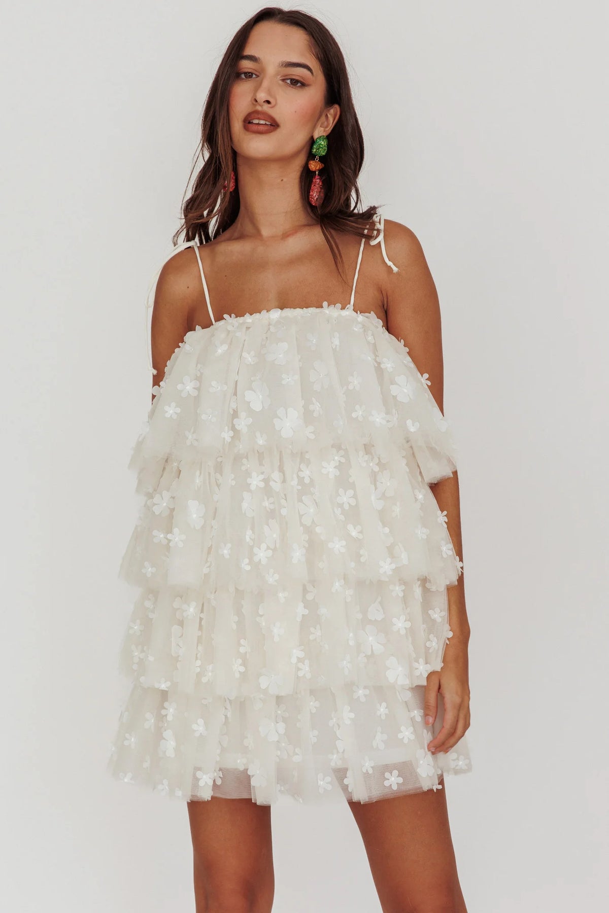 Tomorrow Tiered Ruffle Mini Dress Cream