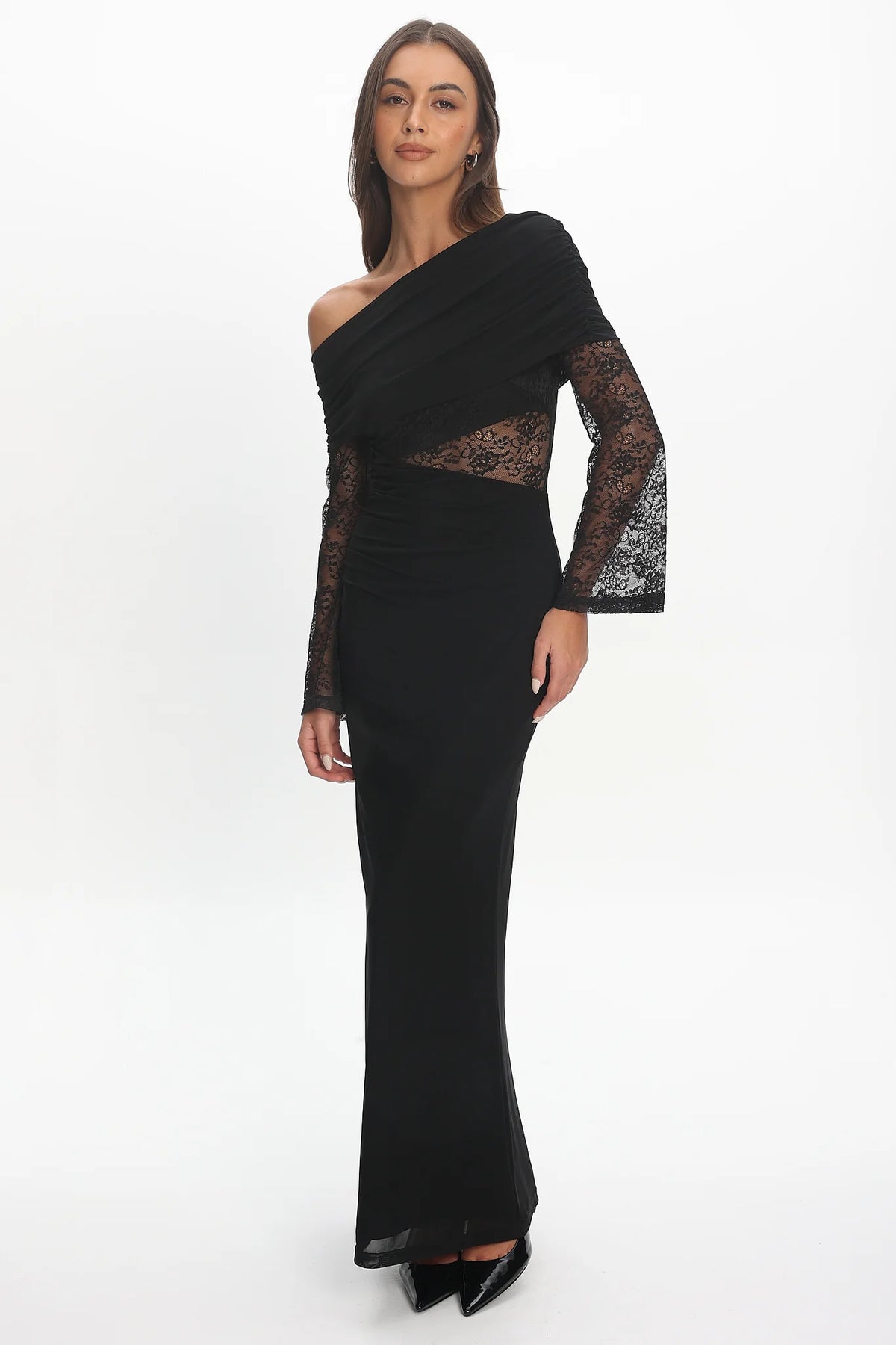 Alivya Asymmetric Neckline Lace Trim Maxi Dress Black