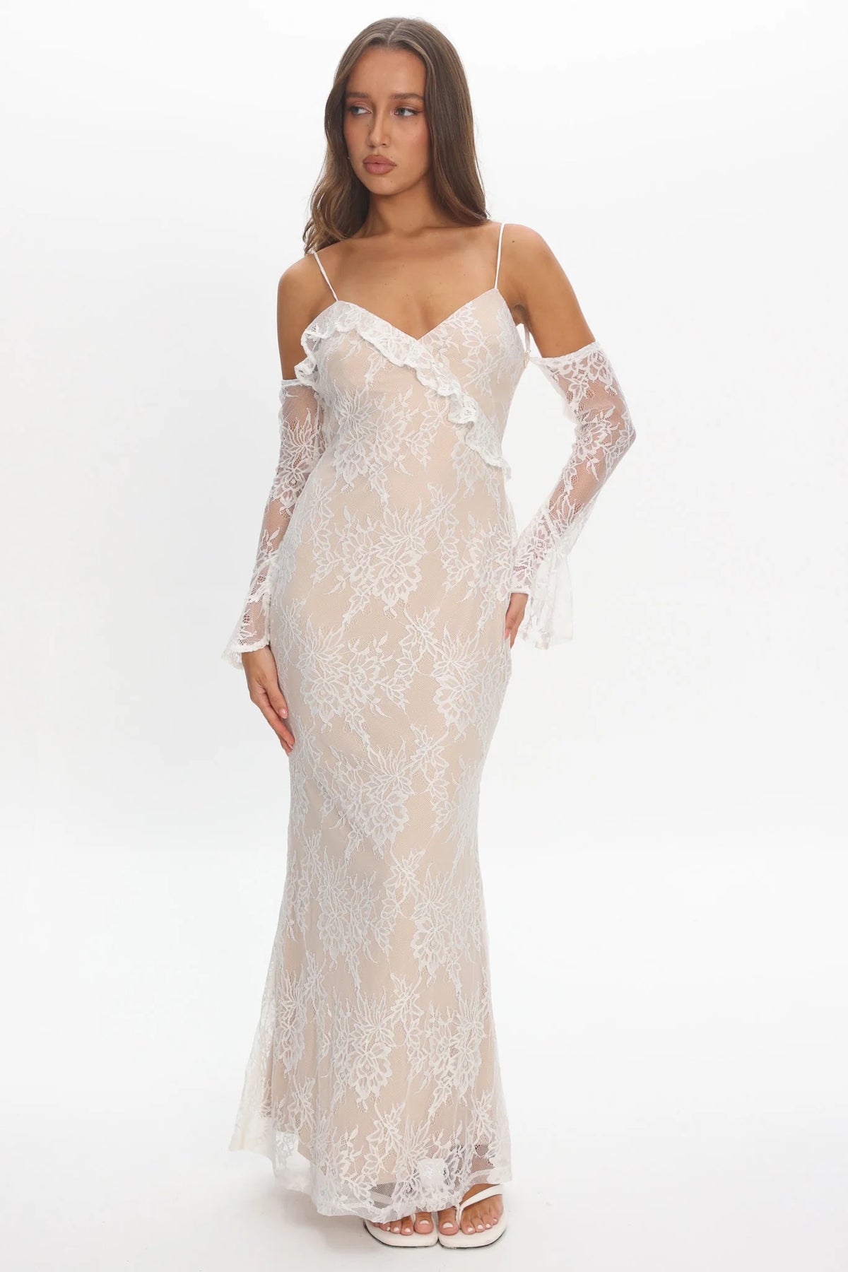 Zarah Off-Shoulder Sleeve Lace Maxi Dress White